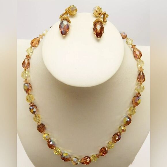 vendome Jewelry - VTG Vendome Goldtone Brown Yellow AB Crystals Necklace & Drop Earrings Set